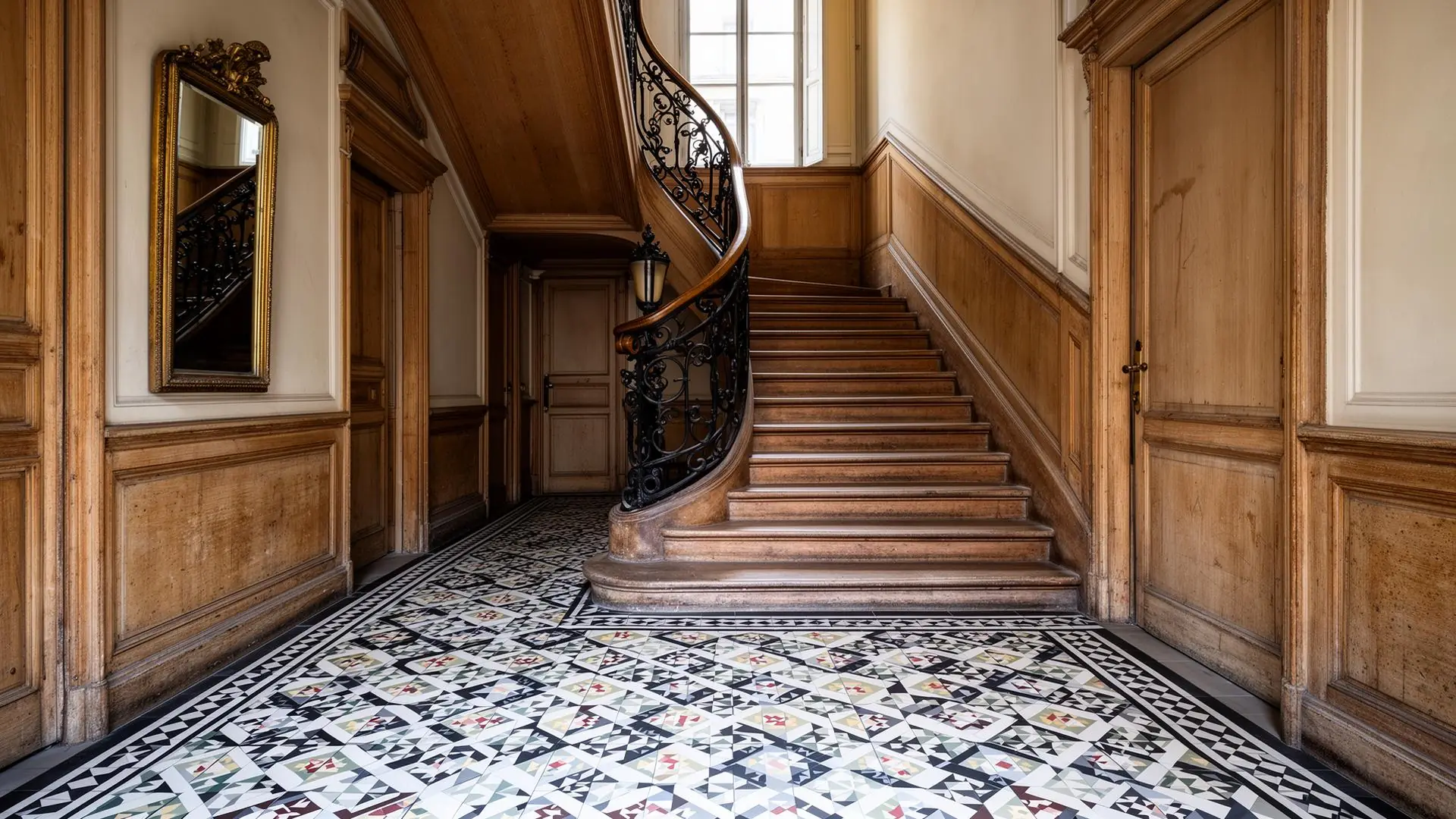 Hall d'immeuble entretenu à Saint-Cloud, carreaux de ciment et escalier en bois